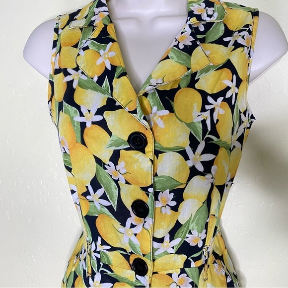 Mlle Gabrielle Lemon Print Yellow Black Halter A-line Midi Dress Size Small S - Picture 3 of 10